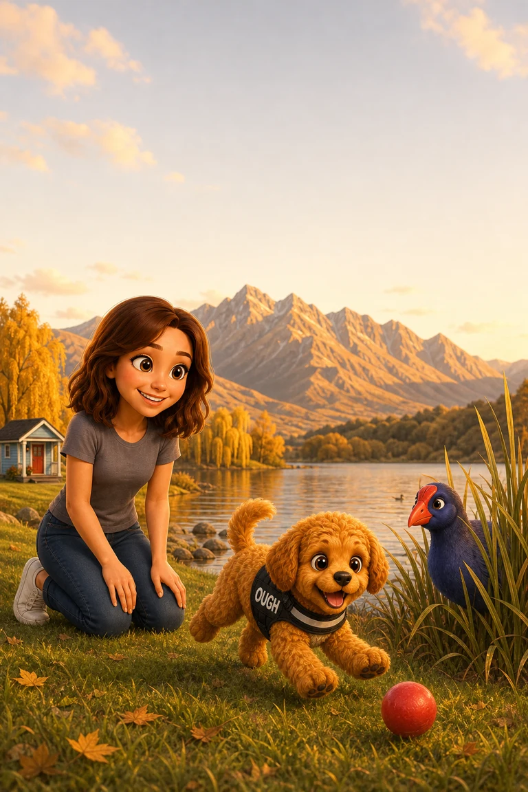 Painting of Stella, Ough the puppy, a pūkeko and a red ball by Lake Hayes and the Remarkables at golden hour