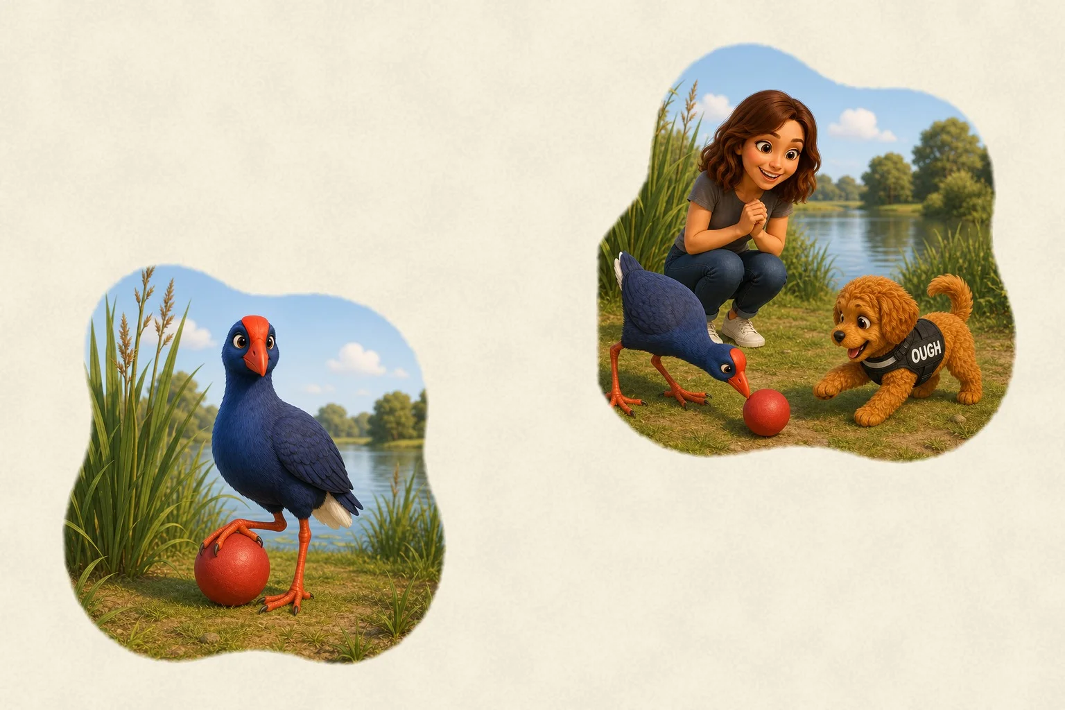 Spread 2 illustration: A blue pūkeko in the reeds with one foot on the red ball