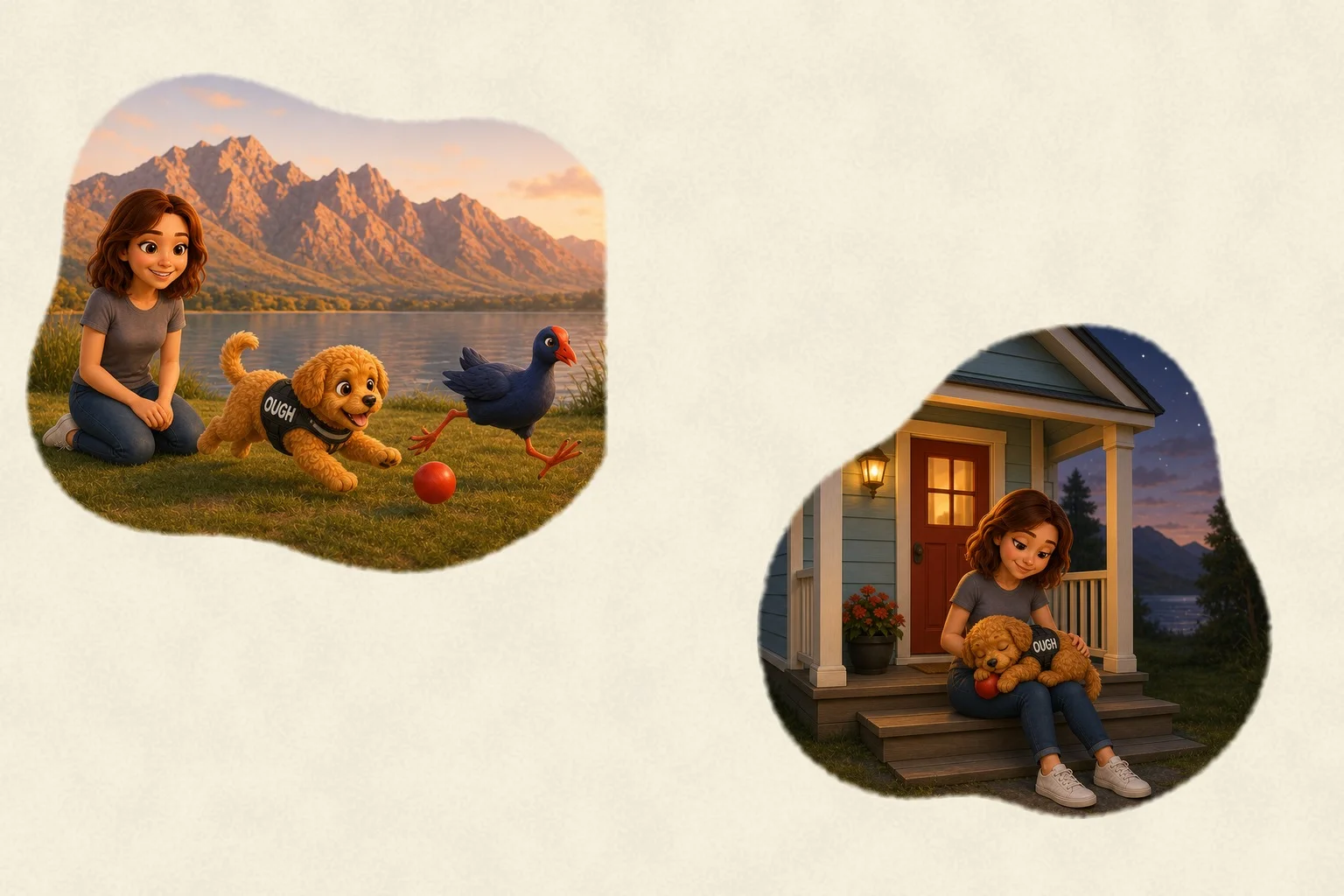 Spread 3 illustration: Golden hour over the Remarkables and Ough asleep at the whare